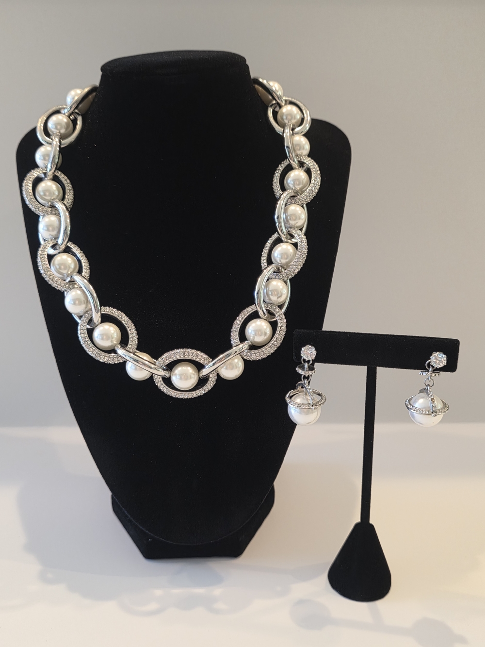 WHBM Elegant Silver Pearl Statement Necklace & Drop Earring Set